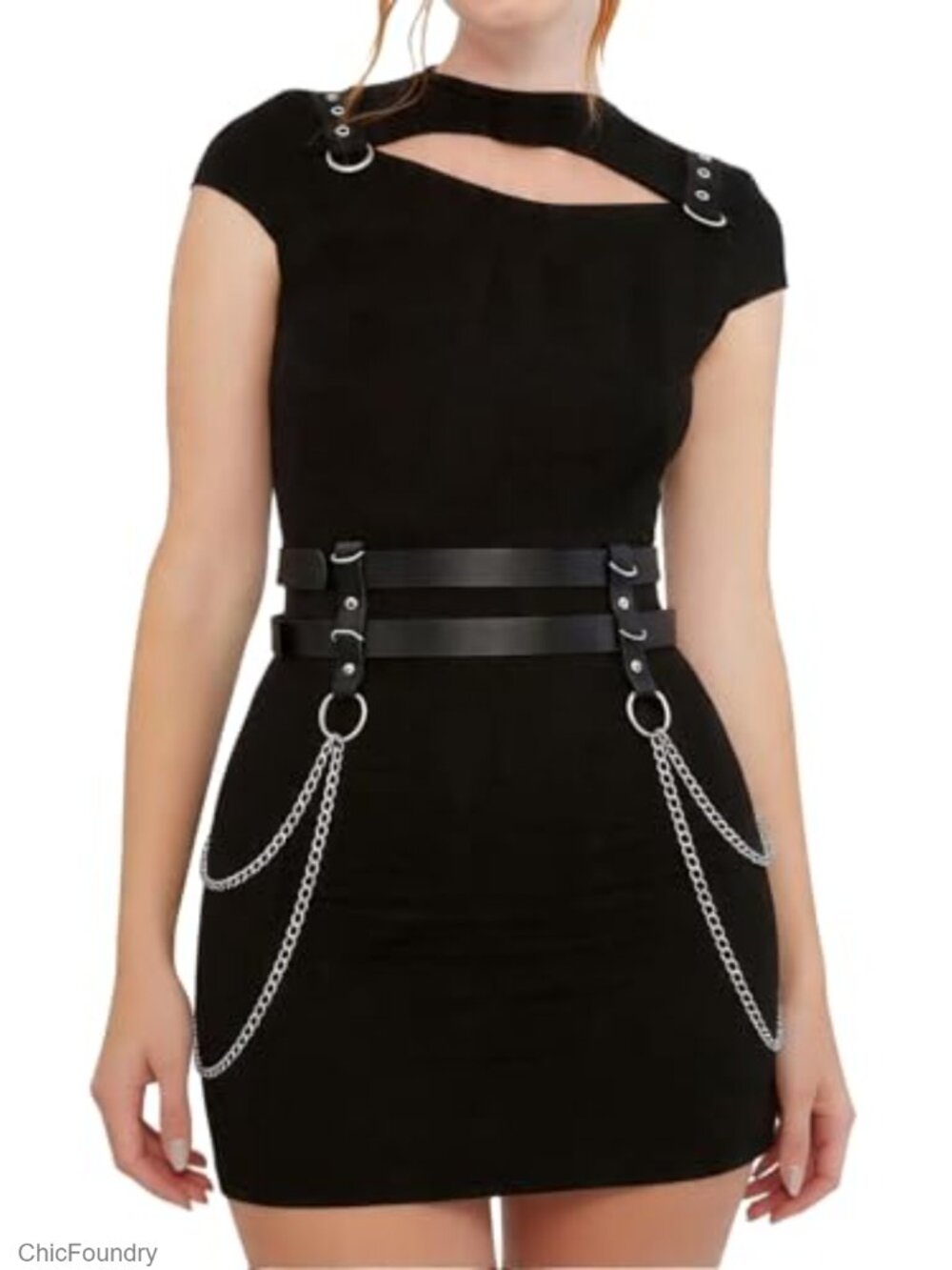 PU Leather Double-Layer Chain Belt for Women, Punk Goth Waist Harness